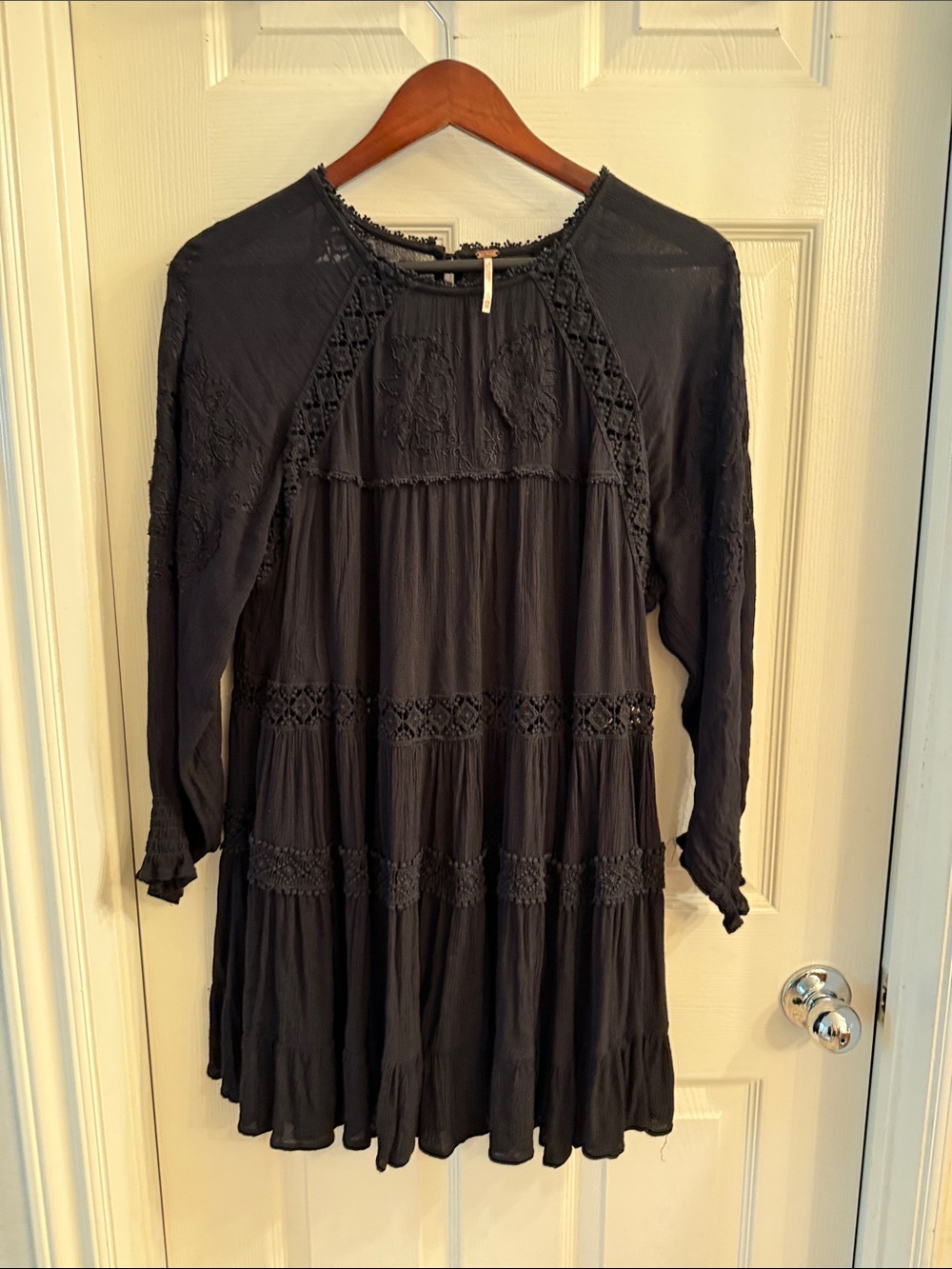 Free People Black Pom-Trim Gauzy Tiered Blouse
